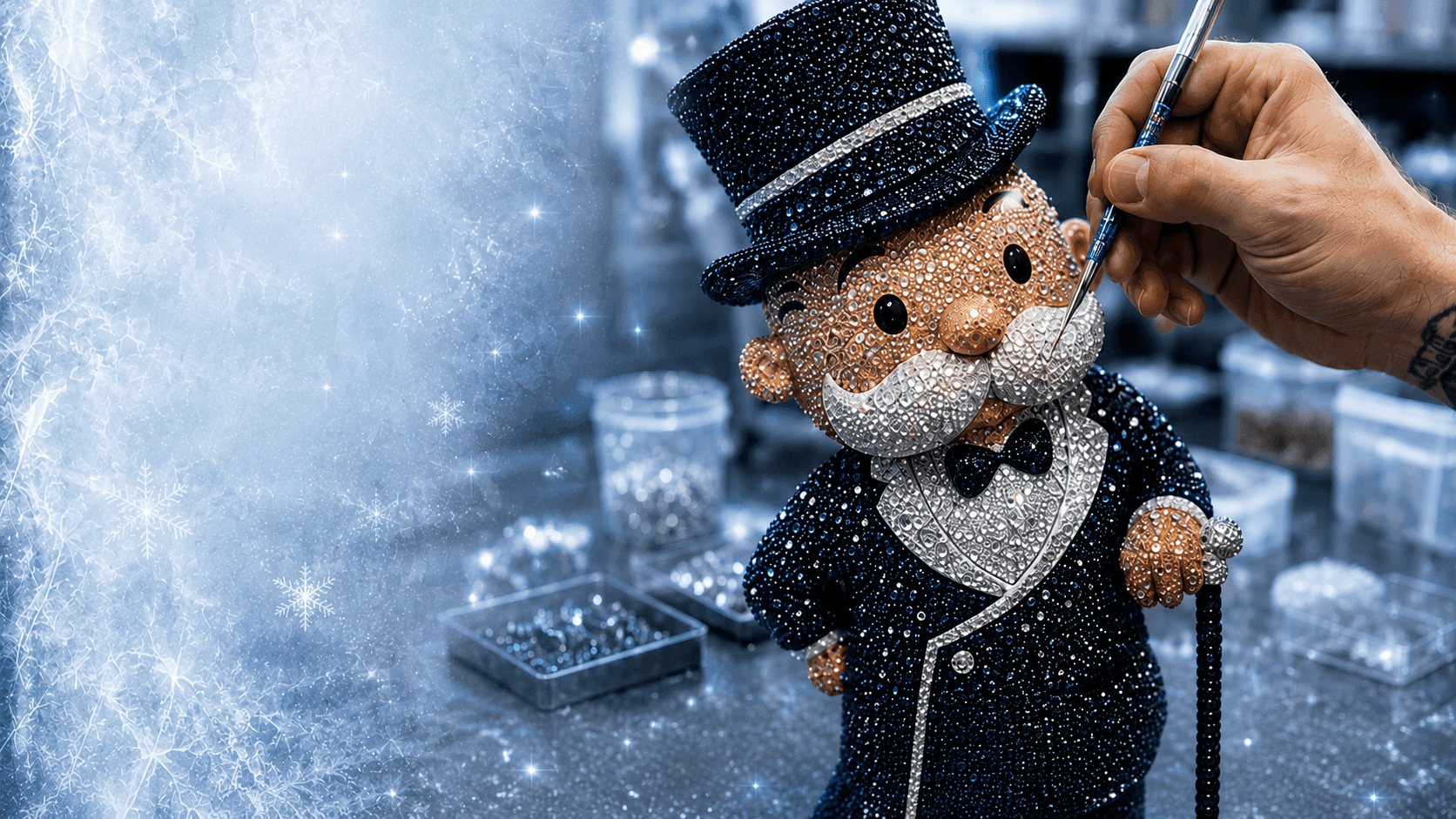 Handcrafted rhinestone Monopoly Man artwork being detailed by hand